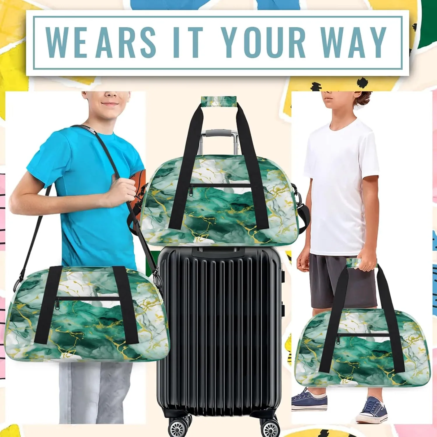 Green Gold Marble Small Gym Bag 18 inch Carry On Duffel Bag for Weekender Travel Sports Workout Yoga Gymnastics Dance Ballet