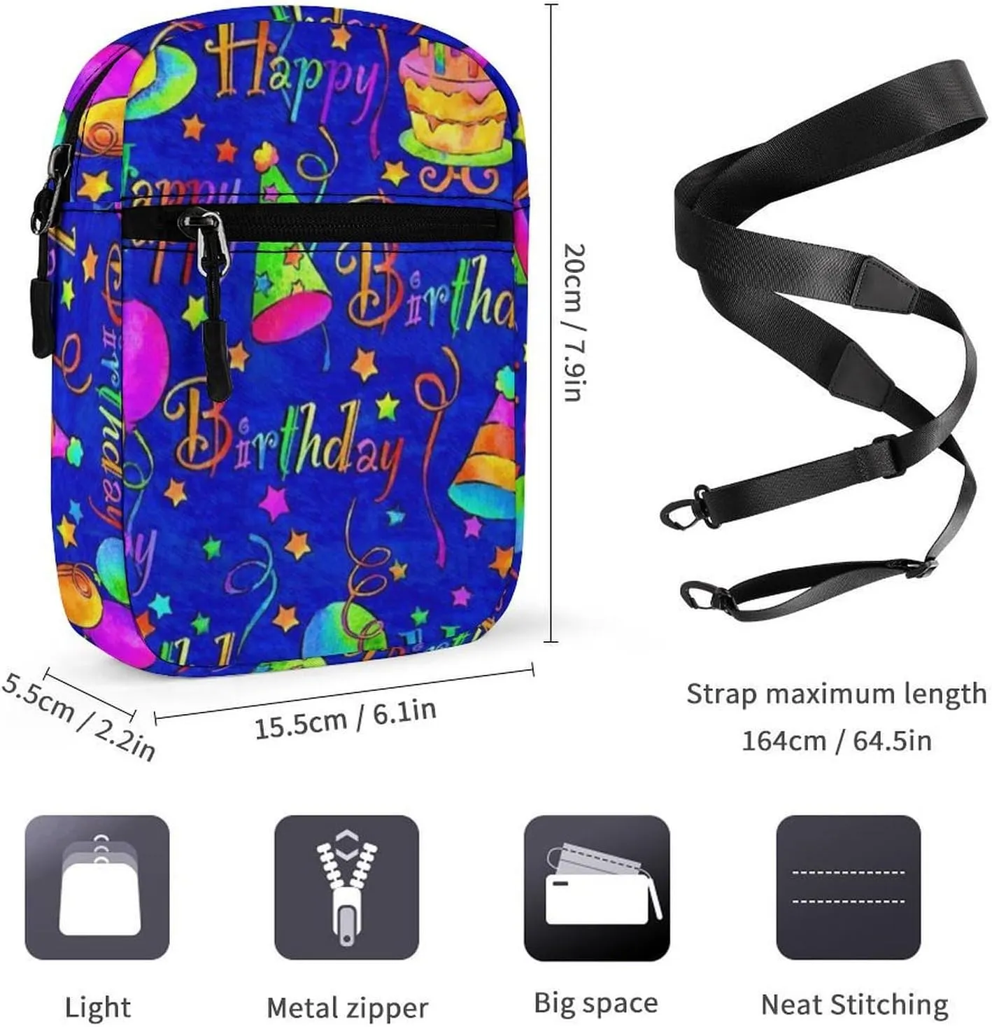 Happy Birthday Blue Cake Detachable Shoulder Strap Small Shoulder Bag Unisex