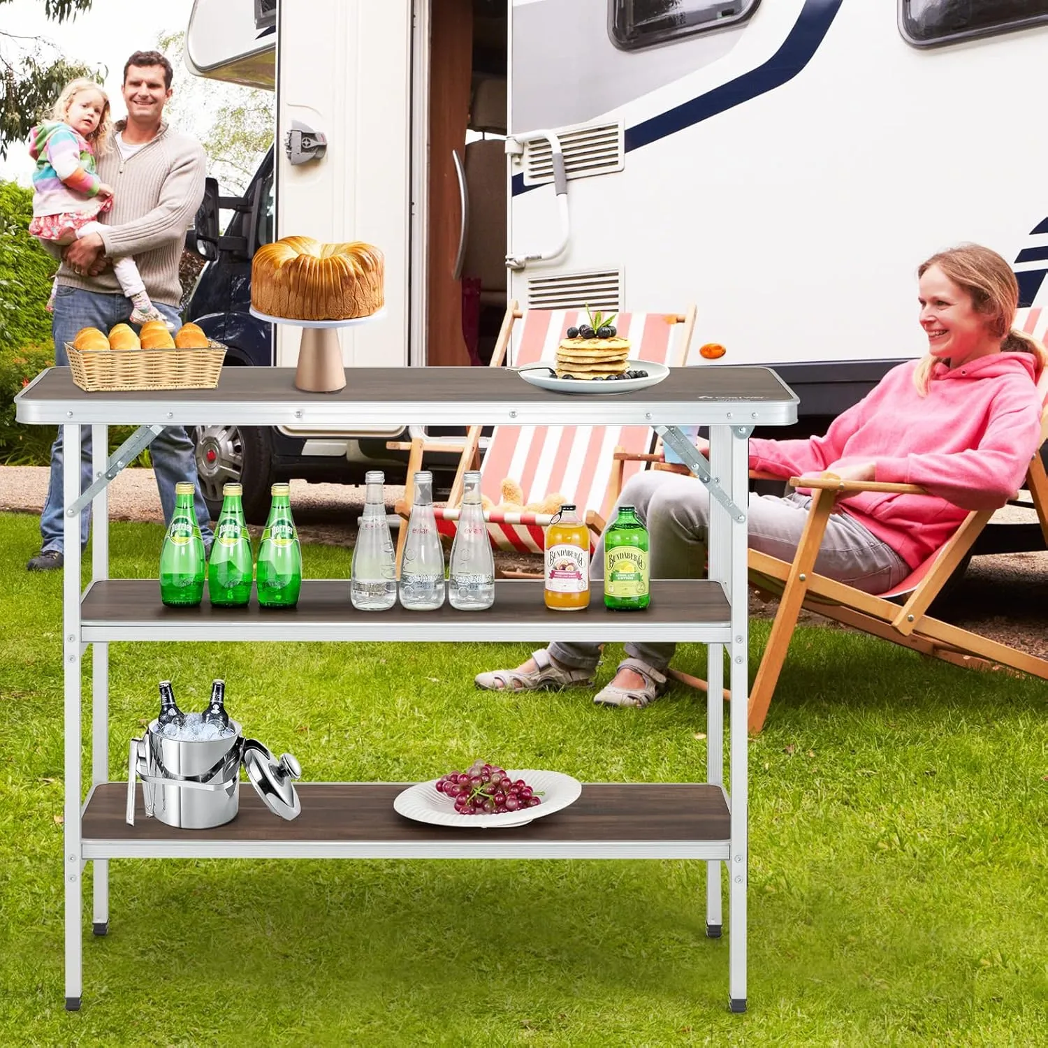 HAPPYGRILL Folding Camping Table with Storage, Aluminum Picnic Table with 2-Tier Shelves, Large Tabletop, Carry Bag, Removable Cloth Cover, Outdoor Lightweight Dining Camp Table for Picnic BBQ Party