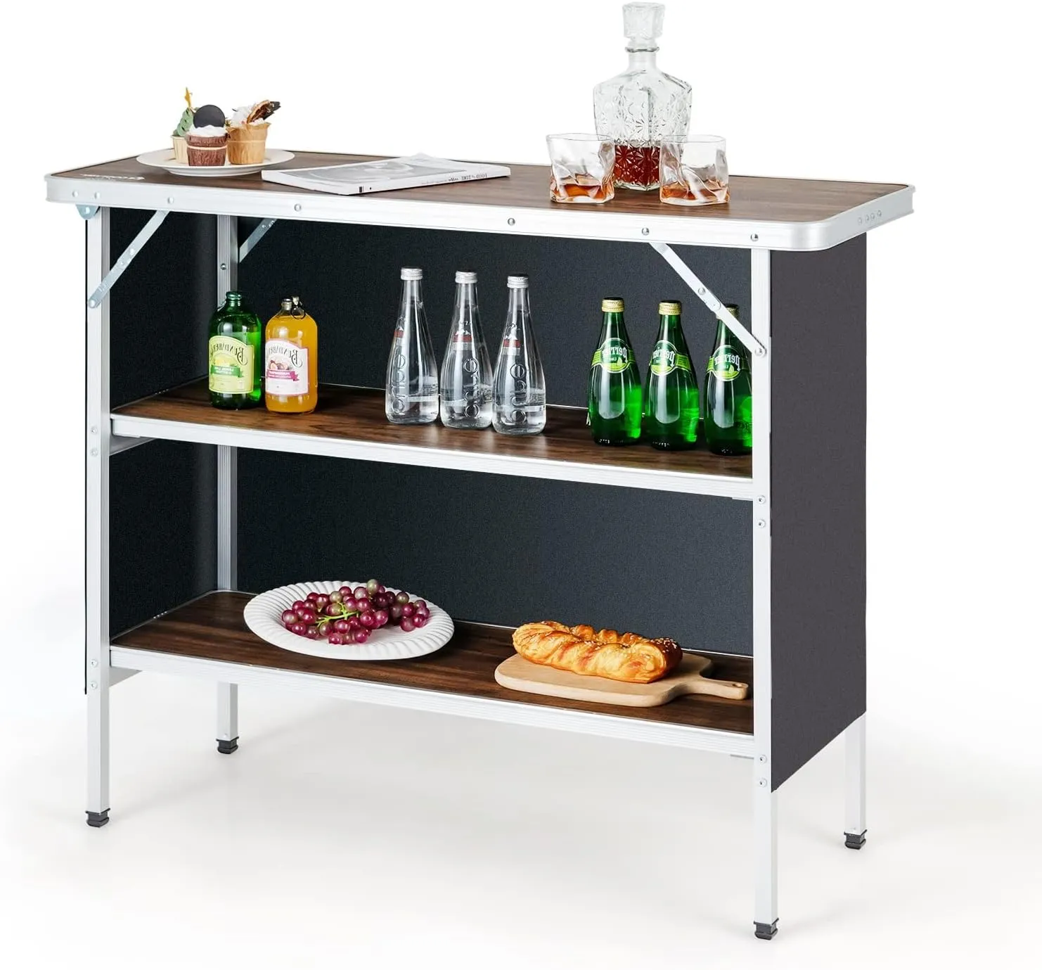 HAPPYGRILL Folding Camping Table with Storage, Aluminum Picnic Table with 2-Tier Shelves, Large Tabletop, Carry Bag, Removable Cloth Cover, Outdoor Lightweight Dining Camp Table for Picnic BBQ Party
