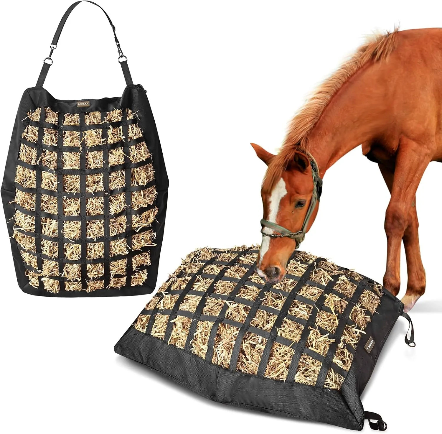 Hay Bag for Horses,Slow Feeder Hay Bag for Gound Feeding,Heavy Duty Oxford Hay Feed Bag for Horses Goats Cows Donkeys with Large Opening and Adjustable Strap for Easy Filling and Hanging