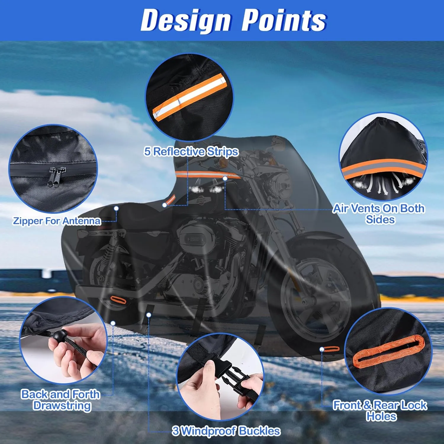 Heavy Duty Motorcycle Cover XL Waterproof Outdoor,600D Power Sports Vehicle Covers,Nano Silver Inner,5 Reflective Strips,3 Windproof Buckles,Air Vents,Rain UV Dust Proof(1XL 86" x 39" x 51" Black)
