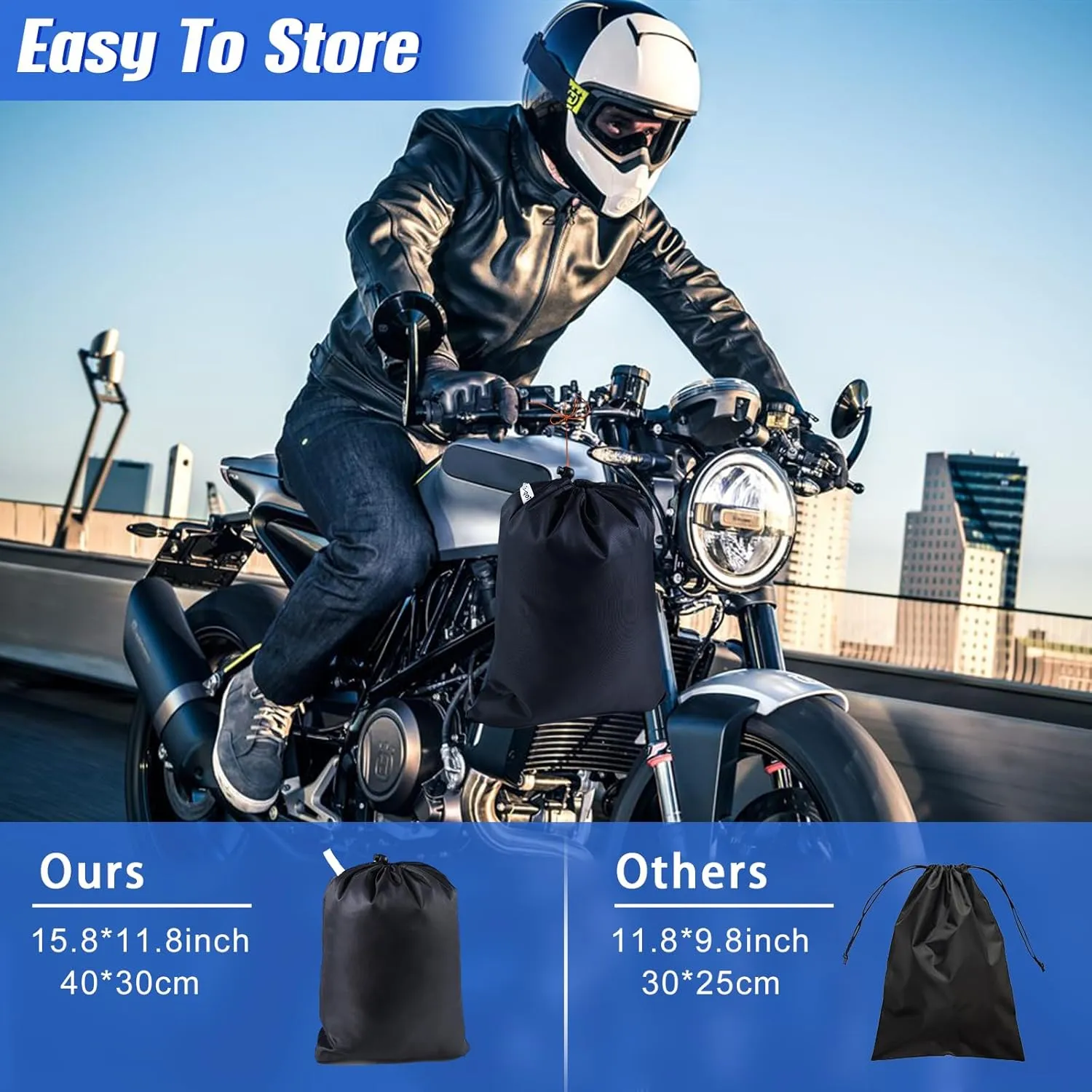 Heavy Duty Motorcycle Cover XL Waterproof Outdoor,600D Power Sports Vehicle Covers,Nano Silver Inner,5 Reflective Strips,3 Windproof Buckles,Air Vents,Rain UV Dust Proof(1XL 86" x 39" x 51" Black)