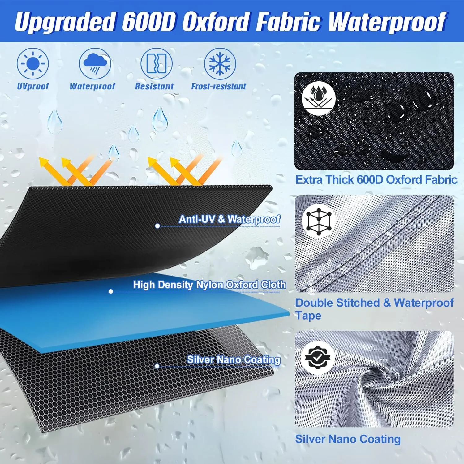 Heavy Duty Motorcycle Cover XL Waterproof Outdoor,600D Power Sports Vehicle Covers,Nano Silver Inner,5 Reflective Strips,3 Windproof Buckles,Air Vents,Rain UV Dust Proof(1XL 86" x 39" x 51" Black)
