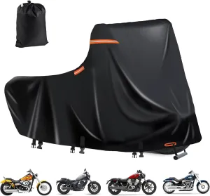 Heavy Duty Motorcycle Cover XL Waterproof Outdoor,600D Power Sports Vehicle Covers,Nano Silver Inner,5 Reflective Strips,3 Windproof Buckles,Air Vents,Rain UV Dust Proof(1XL 86" x 39" x 51" Black)