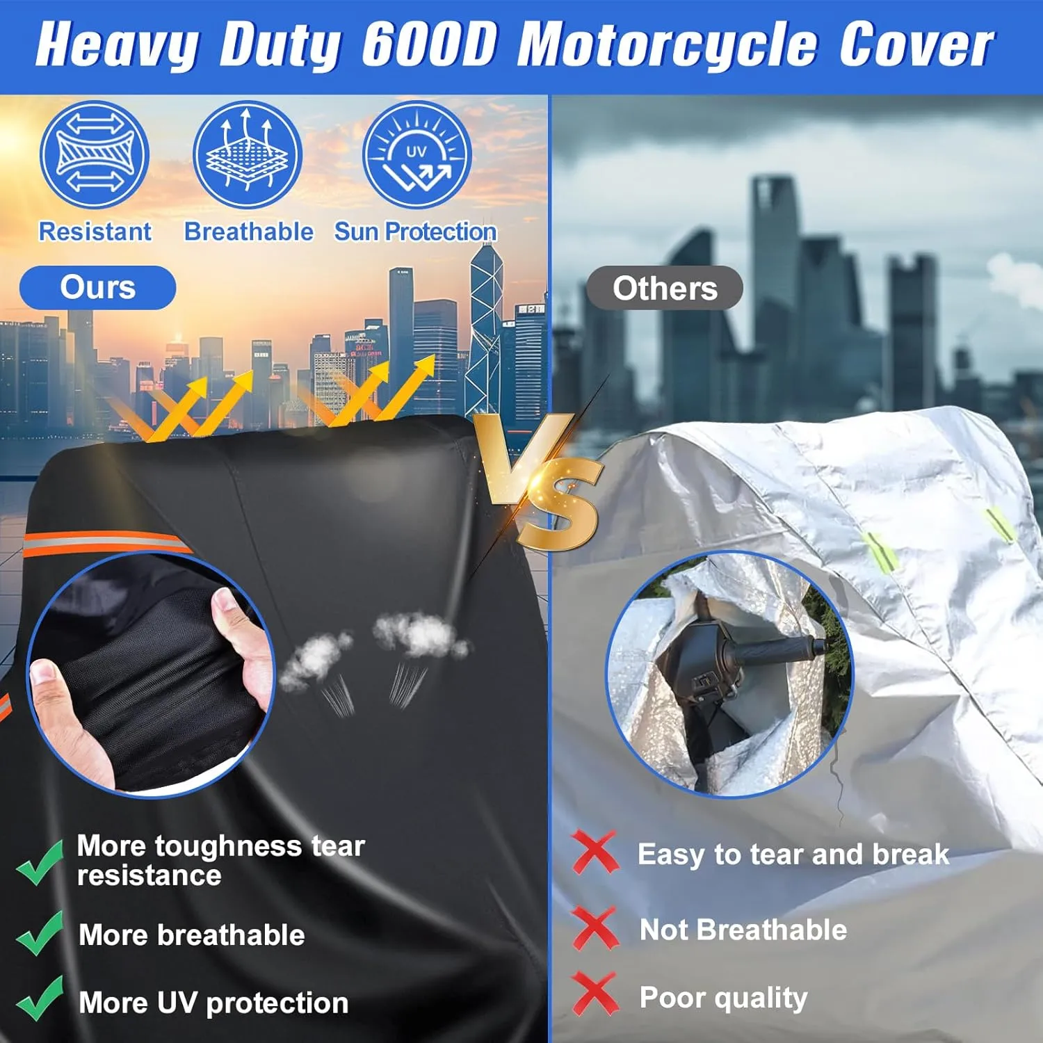 Heavy Duty Motorcycle Cover XL Waterproof Outdoor,600D Power Sports Vehicle Covers,Nano Silver Inner,5 Reflective Strips,3 Windproof Buckles,Air Vents,Rain UV Dust Proof(1XL 86" x 39" x 51" Black)