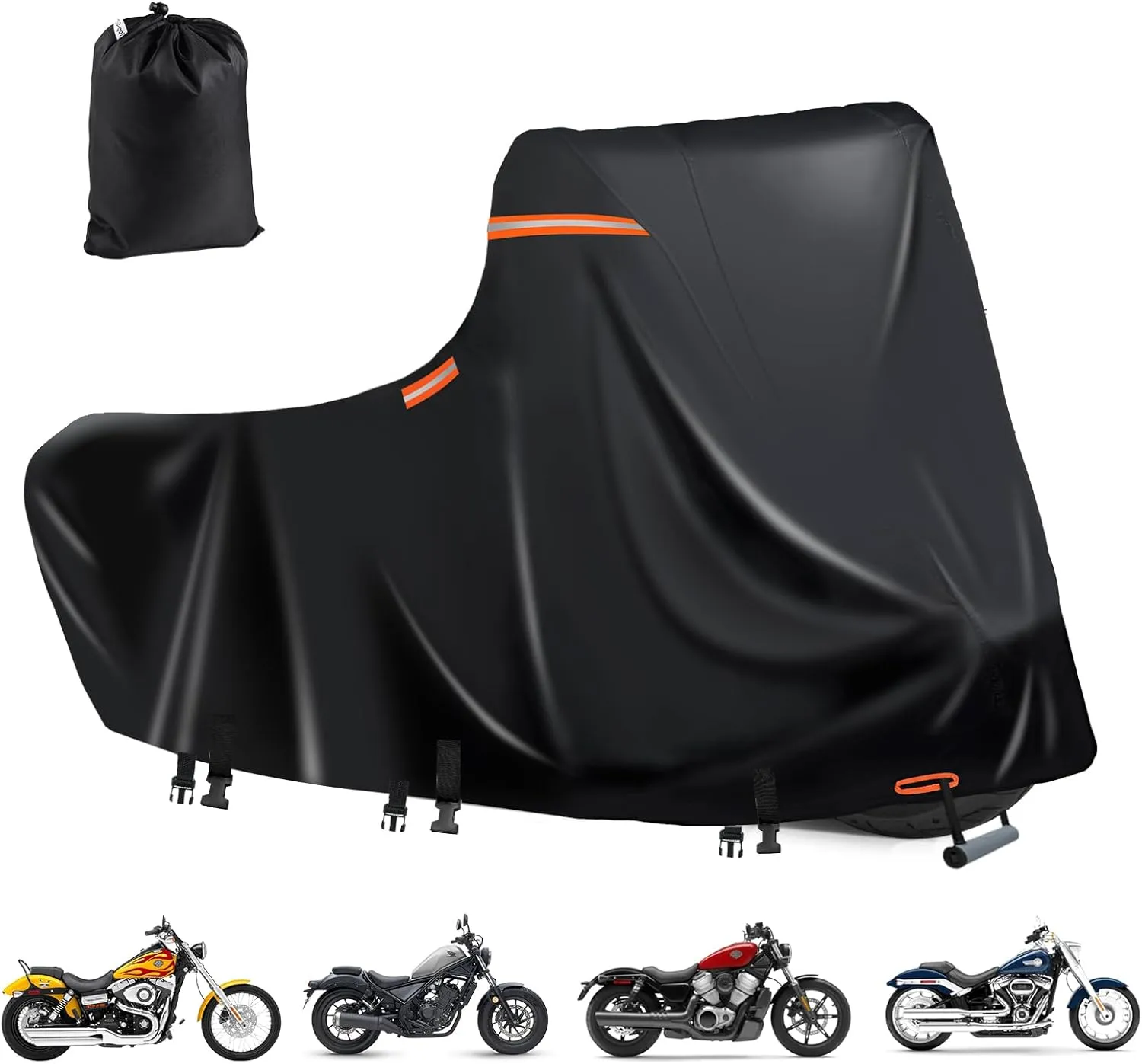 Heavy Duty Motorcycle Cover XL Waterproof Outdoor,600D Power Sports Vehicle Covers,Nano Silver Inner,5 Reflective Strips,3 Windproof Buckles,Air Vents,Rain UV Dust Proof(1XL 86" x 39" x 51" Black)
