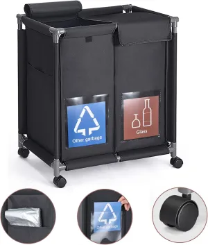 Hivexagon 2 in 1 Garbage Recycle Sorting Basket,2 Cover Top Compartments with Wheels,2 Front Transparent Display Pockets 110L Large Capacity Perfect for Kitchen Office