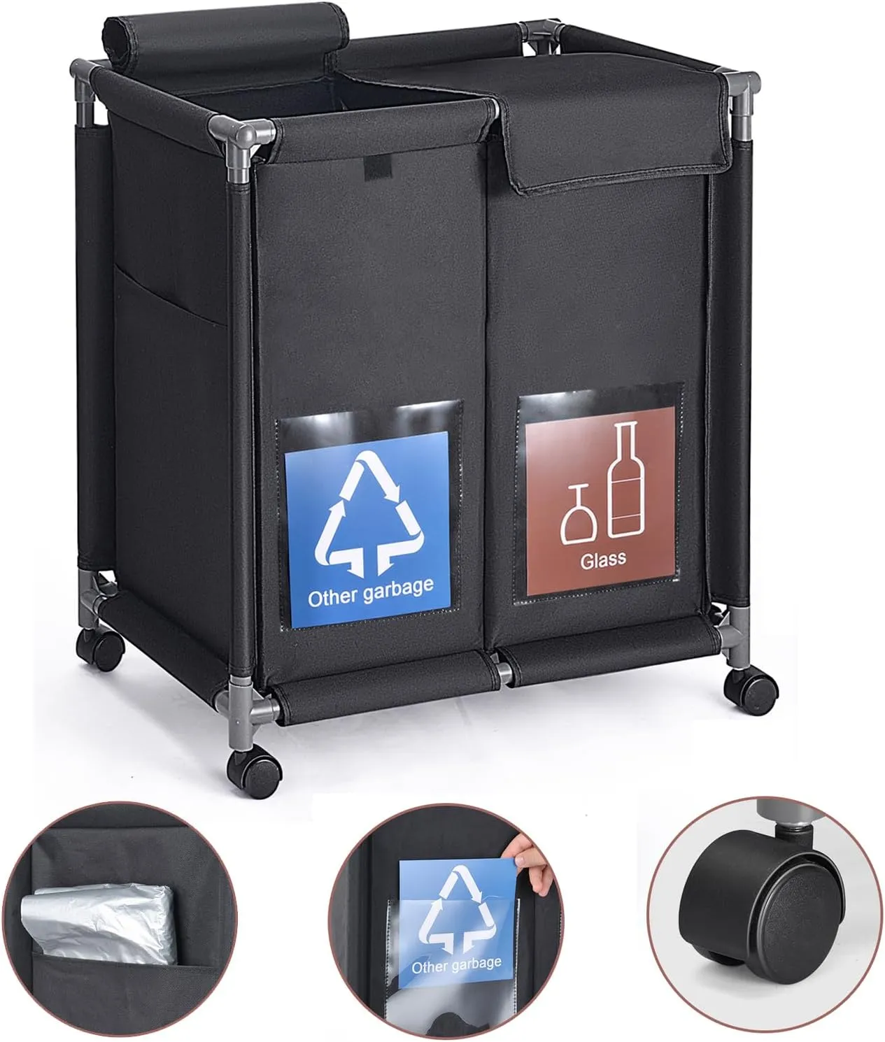 Hivexagon 2 in 1 Garbage Recycle Sorting Basket,2 Cover Top Compartments with Wheels,2 Front Transparent Display Pockets 110L Large Capacity Perfect for Kitchen Office
