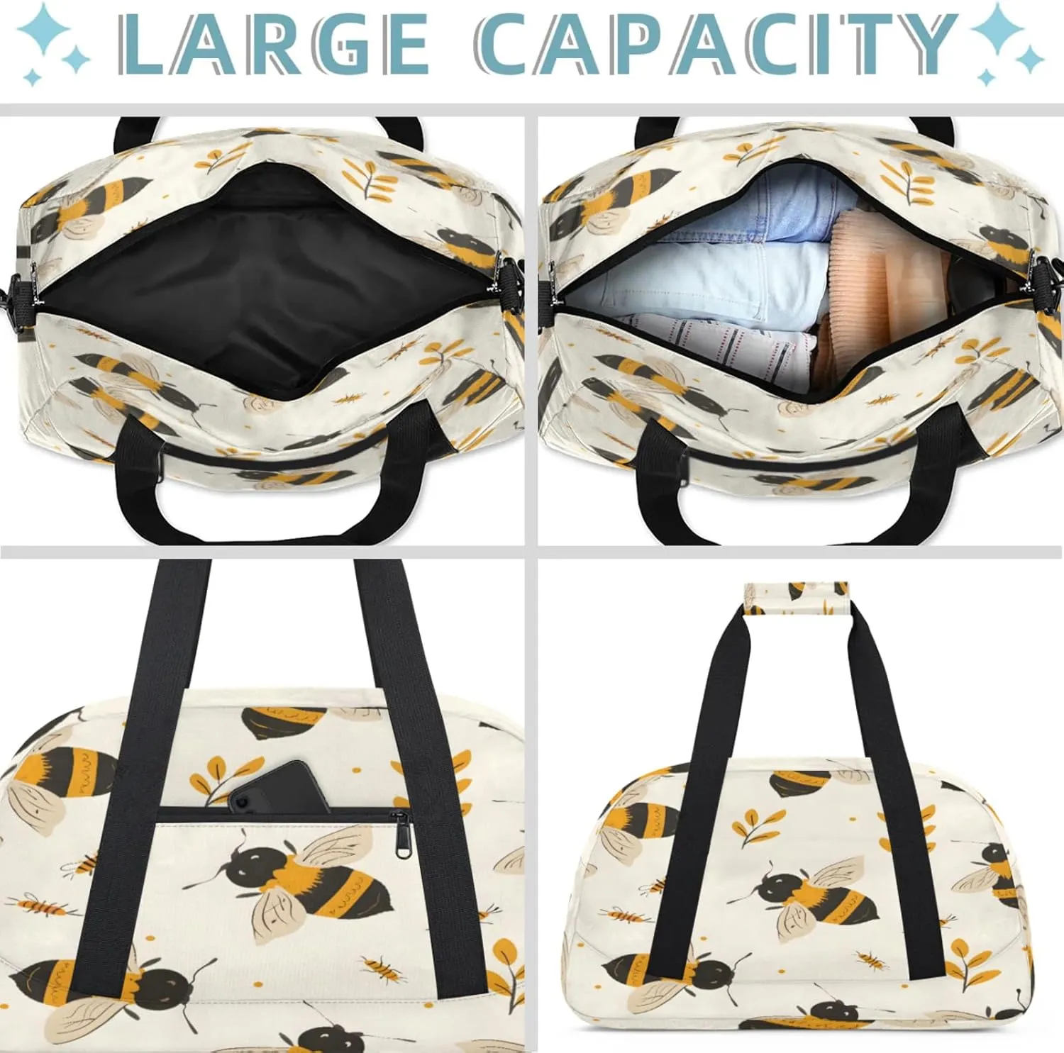 Honey Bee Small Gym Bag 18 inch Carry On Duffel Bag for Weekender Travel Sports Workout Yoga Gymnastics Dance Ballet