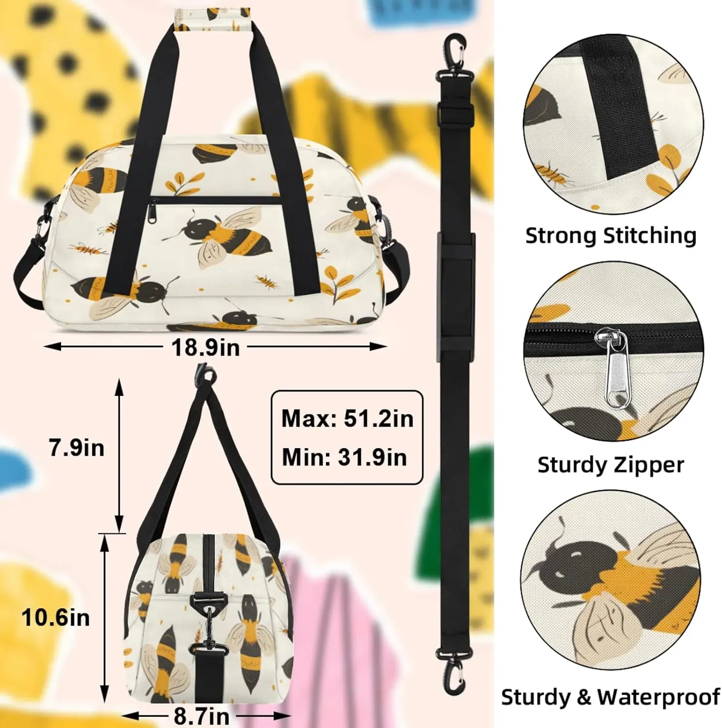 Honey Bee Small Gym Bag 18 inch Carry On Duffel Bag for Weekender Travel Sports Workout Yoga Gymnastics Dance Ballet