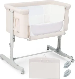 HONEY JOY Baby Bassinet Bedside Sleeper, 3-in-1 Easy Folding Portable Crib for Baby with Wheels, 5 Adjustable Heights, Easy to Assemble Bed to Bed, Mattress & Carry Bag for Infant Newborn (Beige)