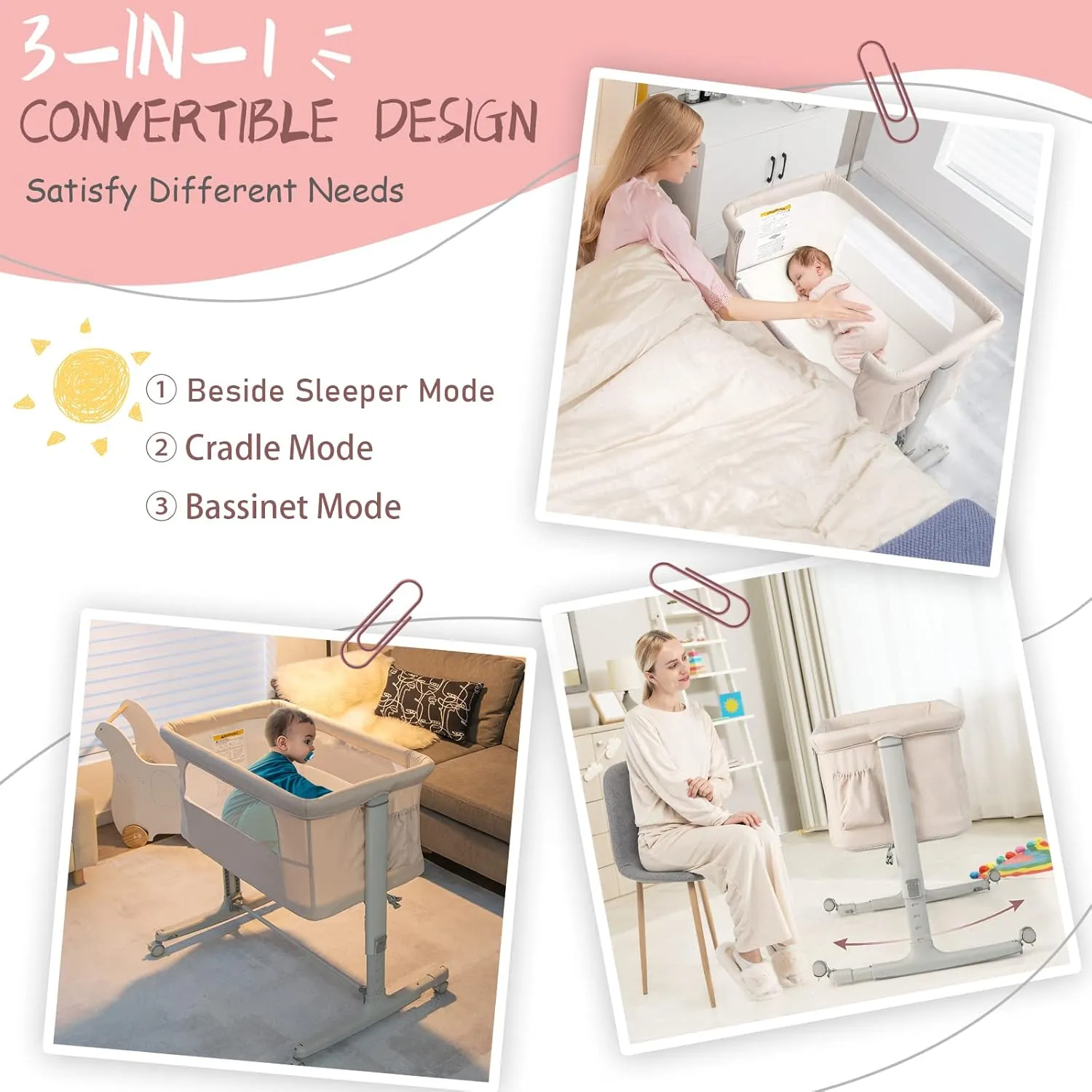 HONEY JOY Baby Bassinet Bedside Sleeper, 3-in-1 Easy Folding Portable Crib for Baby with Wheels, 5 Adjustable Heights, Easy to Assemble Bed to Bed, Mattress & Carry Bag for Infant Newborn (Beige)