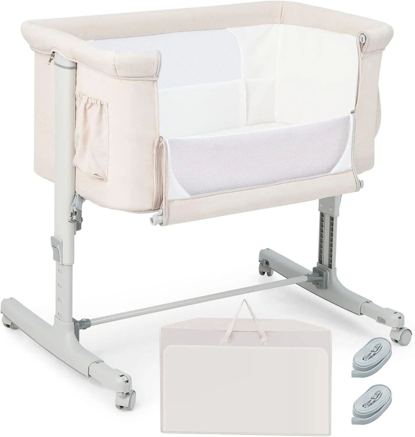 HONEY JOY Baby Bassinet Bedside Sleeper, 3-in-1 Easy Folding Portable Crib for Baby with Wheels, 5 Adjustable Heights, Easy to Assemble Bed to Bed, Mattress & Carry Bag for Infant Newborn (Beige)