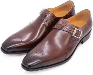 HOOENG Dress Oxford for Men Slip on Monk Strap Breathable Square Toe Cowhide Block Heel Non Slip Tolerant Rubber Sole Low Top Superficial (Color : Brown, Size : 8.5)