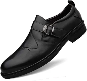 HOOENG Oxford Shoes for Men Slip On Round Toe Monk Strap Cowhide Slip Resistant Block Heel Non Slip Low Top Walking (Color : Black Smooth, Size : 7)