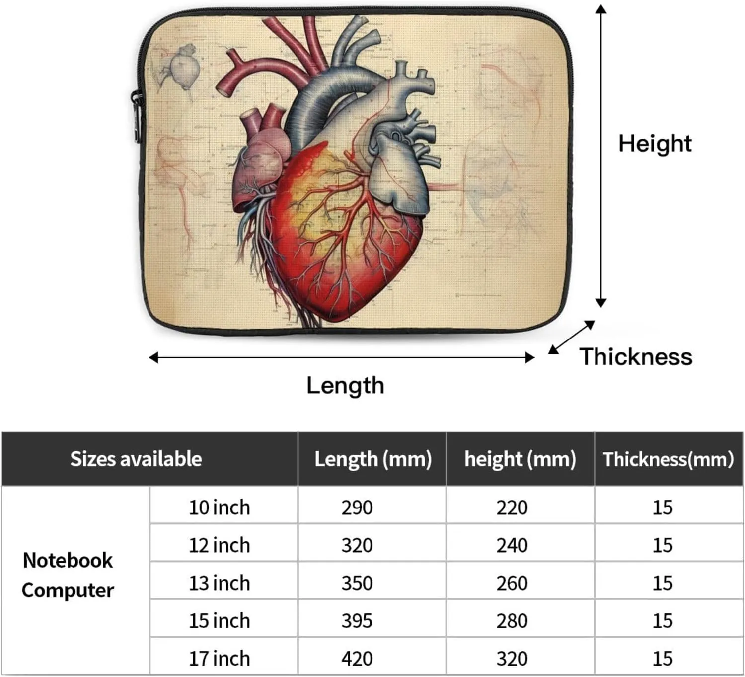 Human Anatomy Heart Chart Pattern Shockproof Portable Laptop 15 inch Sleeve Bag for Men and Women - Ideal for Business Travel, School, and Daily Use