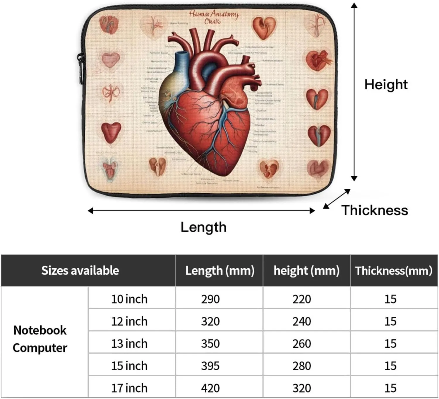 Human Anatomy Heart Chart Prints Shockproof Portable Laptop Sleeve Bag 15 inch for Men and Women Business Travel, Office Daily Use