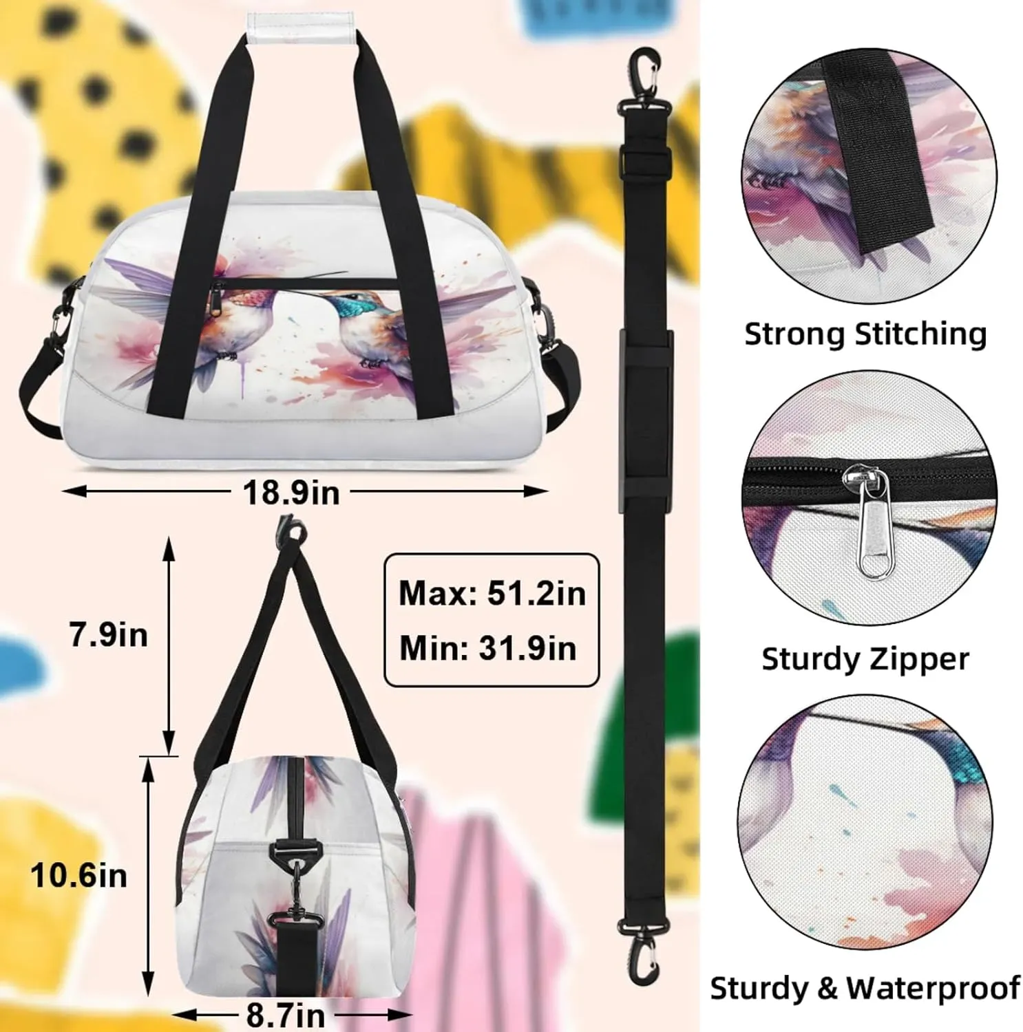 Hummingbird Small Gym Bag 18 inch Carry On Duffel Bag for Weekender Travel Sports Workout Yoga Gymnastics Dance Ballet