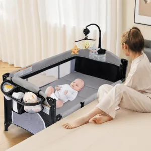 INFANS Pack and Play, 5 in 1 Baby Bedside Sleeper with Bassinet, Diaper Changer, Mattress, Carry Bag, Music Box Hanging Toys, Foldable Bedside Crib, Portable Playard for Newborn Toddlers (Gray)