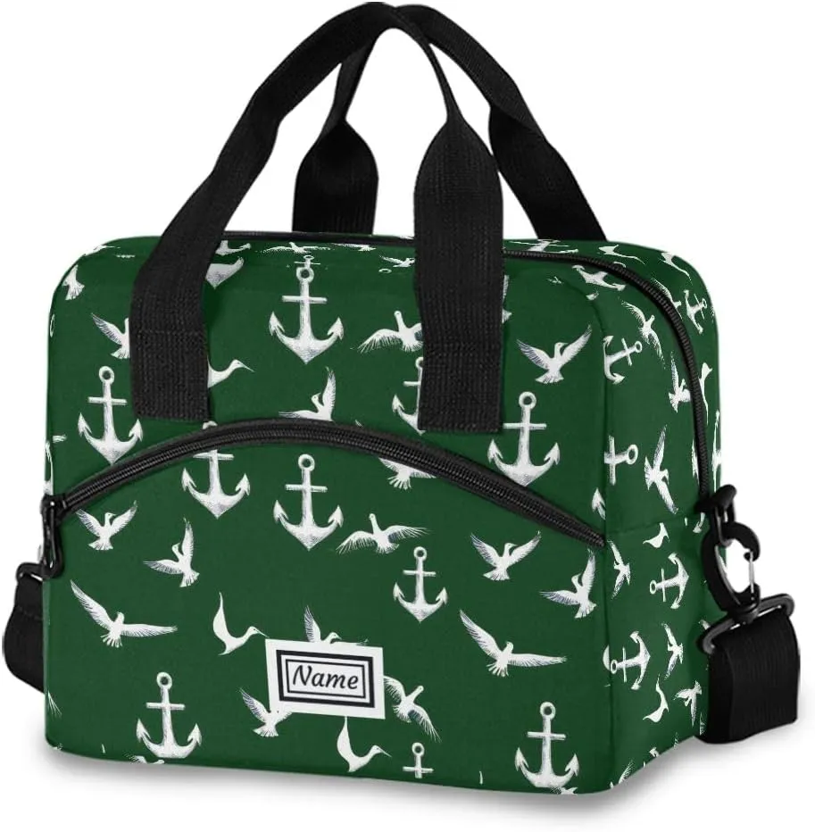 Insulated Lunch Bag Cooler Tote Bag Box Large for Women Men Sea Gull Green Bird School Work Portable Adjustable Shoulder Strap Pocket Name Personalized