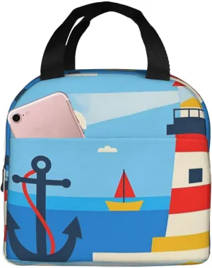 Insulated Lunch Bag for Women Men, Reusable Aluminum Foil Lunch Box, Leakproof Thermal Meal Cooler Shopping Grocery Tote Bag Handbags for Office Work Picnic, Ocean Lighthouse Anchor Boat