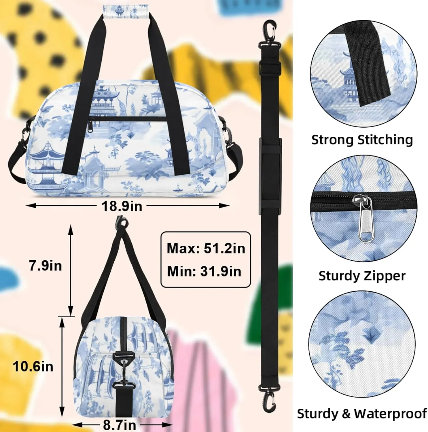 Japanese Traditional Garden Small Gym Bag 18 inch Carry On Duffel Bag for Weekender Travel Sports Workout Yoga Gymnastics Dance Ballet
