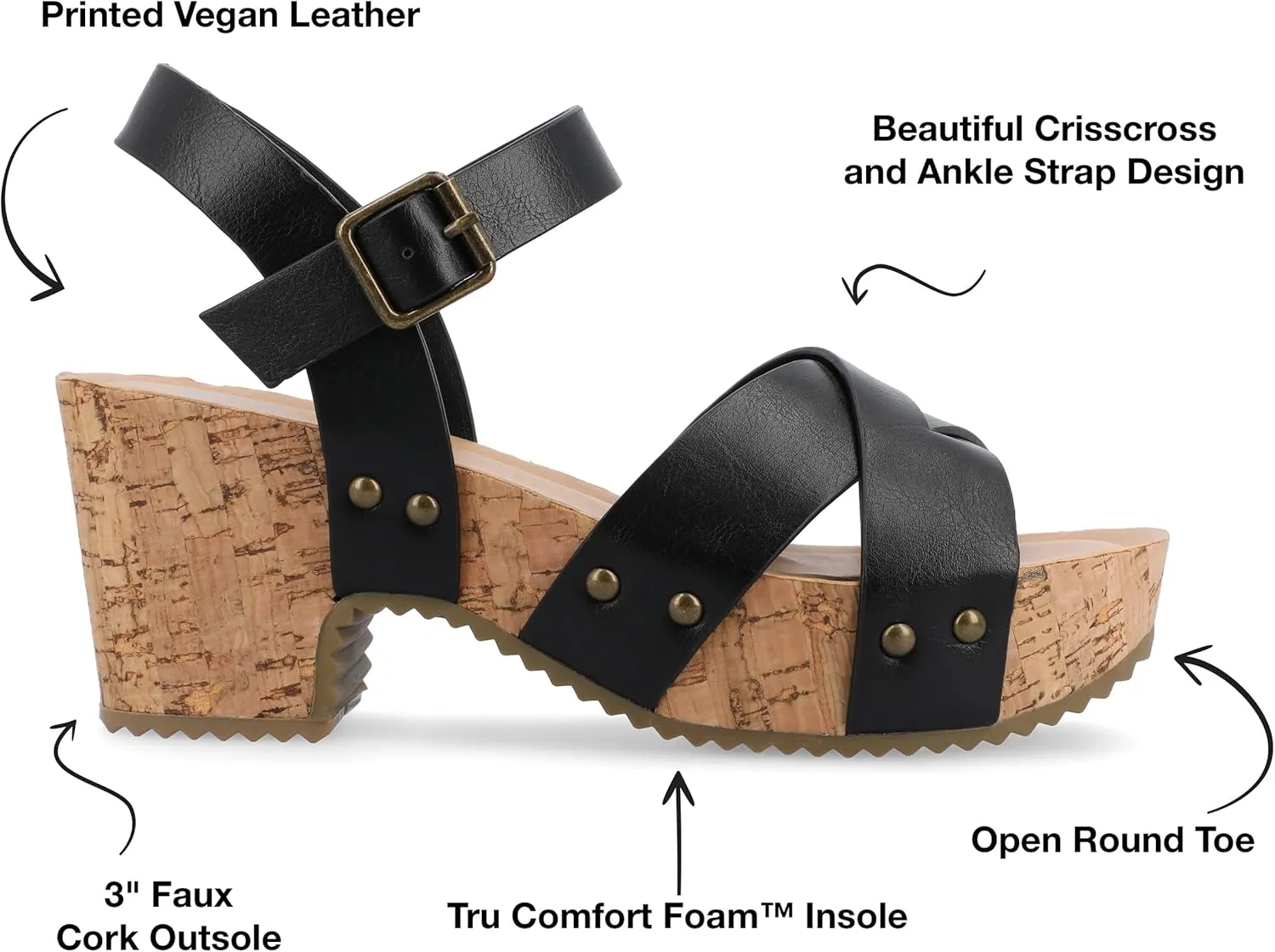 Journee Womens Crisscross Studded Chunky Block Cork Heel Buckle Ankle Strap Open Round Toe Valentina Platform