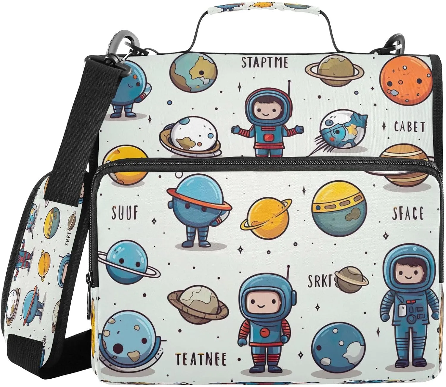 Kigai Cartoon Spacecraft 3 Ring Zipper Binder 1.5 inch D Ring with Shoulder Strap Multi-Pockets Expanding File Folder School Office Supplies Organizer
