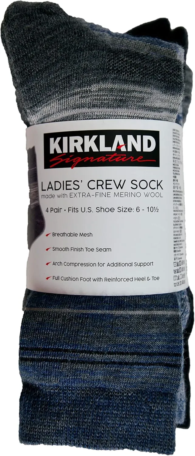 Kirkland Signature Ladies' Crew Socks Extra-Fine Merino Wool, Blue, 4 Pairs