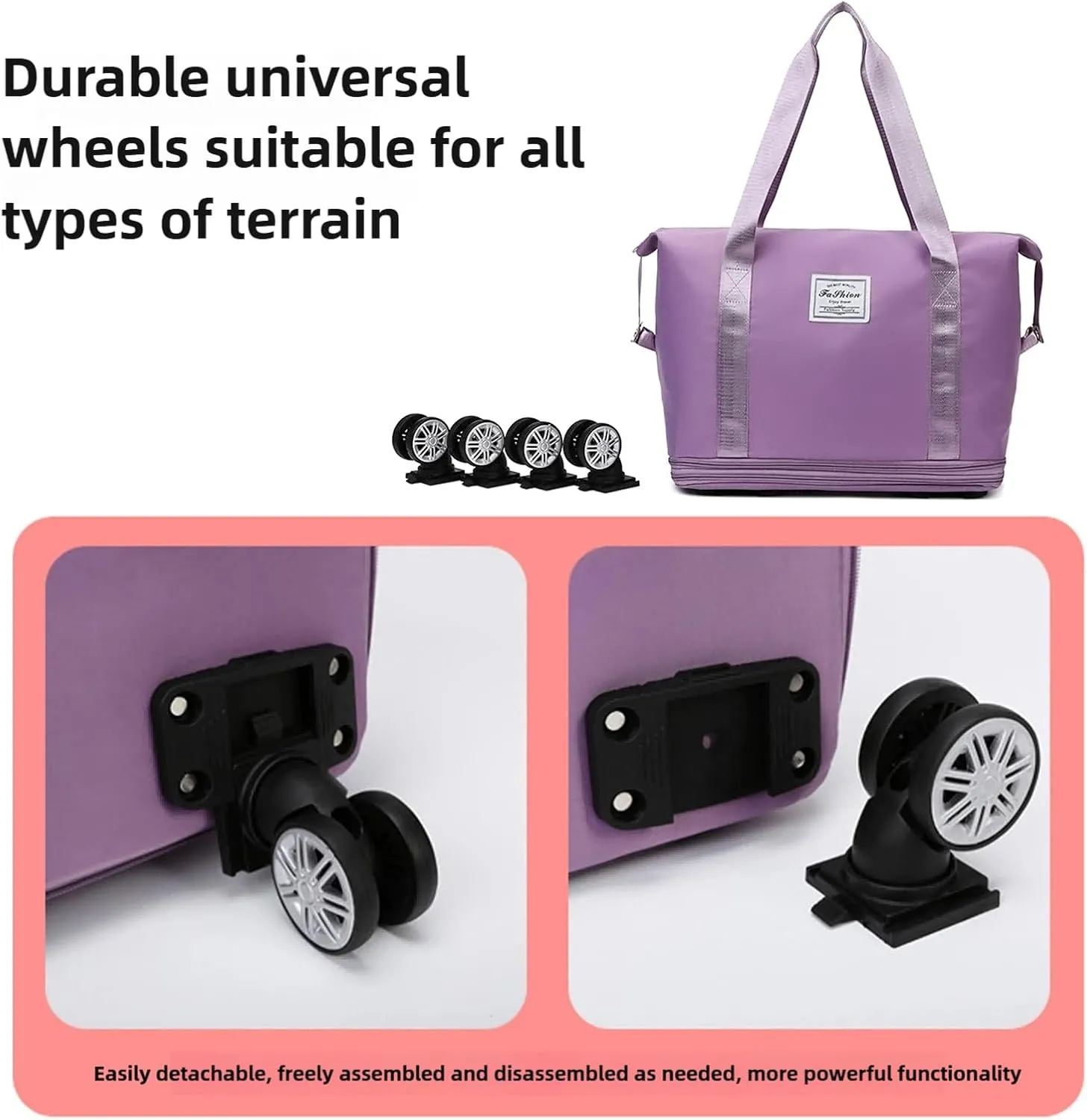 Kulken Travel Bag with Wheels, Large Capacity Foldable Expandable Rolling Duffle Bag, Removable 360 Spinner Wheels Carry On Luggage (Purple)