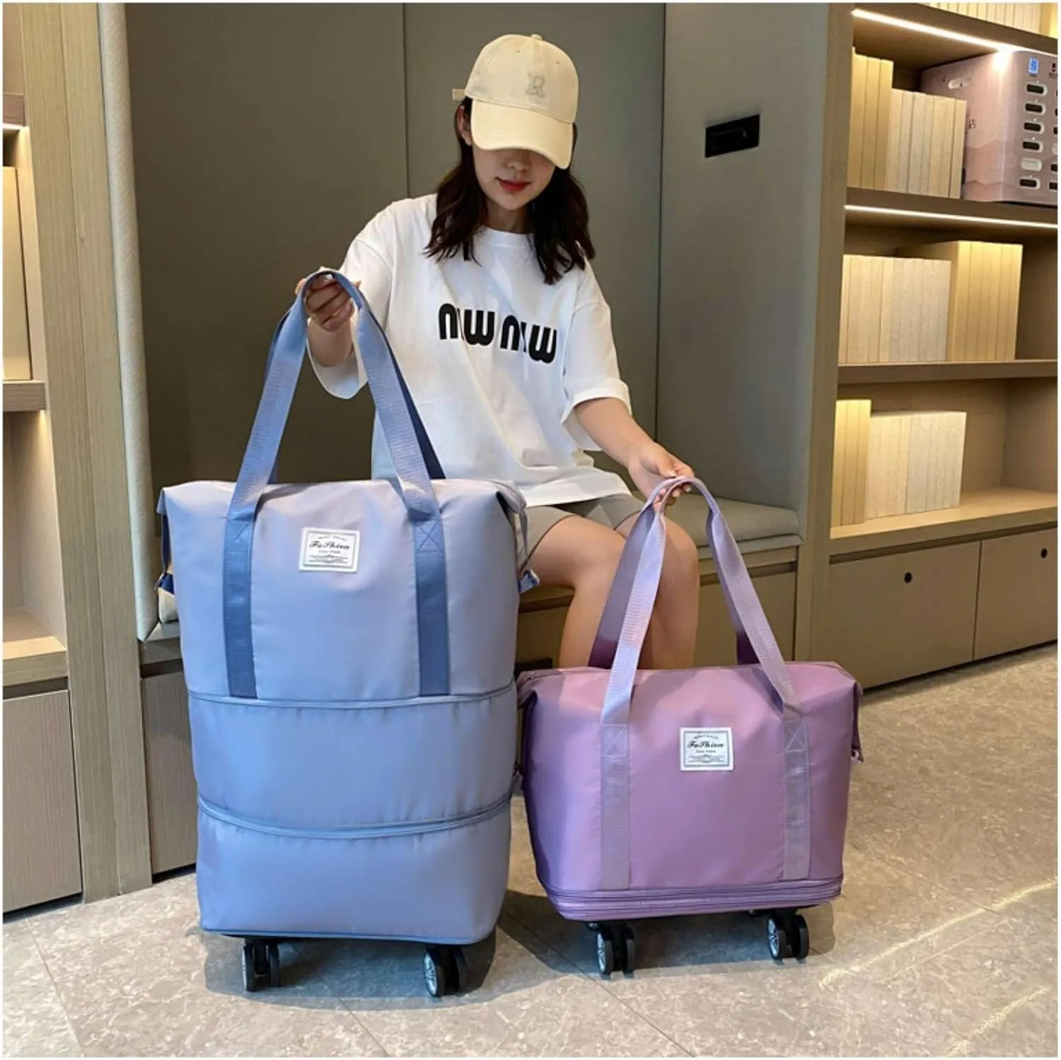 Kulken Travel Bag with Wheels, Large Capacity Foldable Expandable Rolling Duffle Bag, Removable 360 Spinner Wheels Carry On Luggage (Purple)