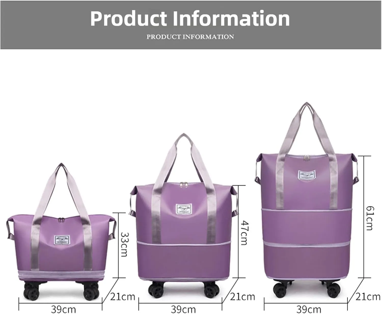 Kulken Travel Bag with Wheels, Large Capacity Foldable Expandable Rolling Duffle Bag, Removable 360 Spinner Wheels Carry On Luggage (Purple)