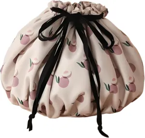 Large Capacity Drawstring Makeup Bag - Lightweight Oxford Fabric Cosmetic Organizer with Fruit Print, Travel Toiletry Pouch for Women & Beauty Lovers (Portable, Effortless Storage)(Peach powder)