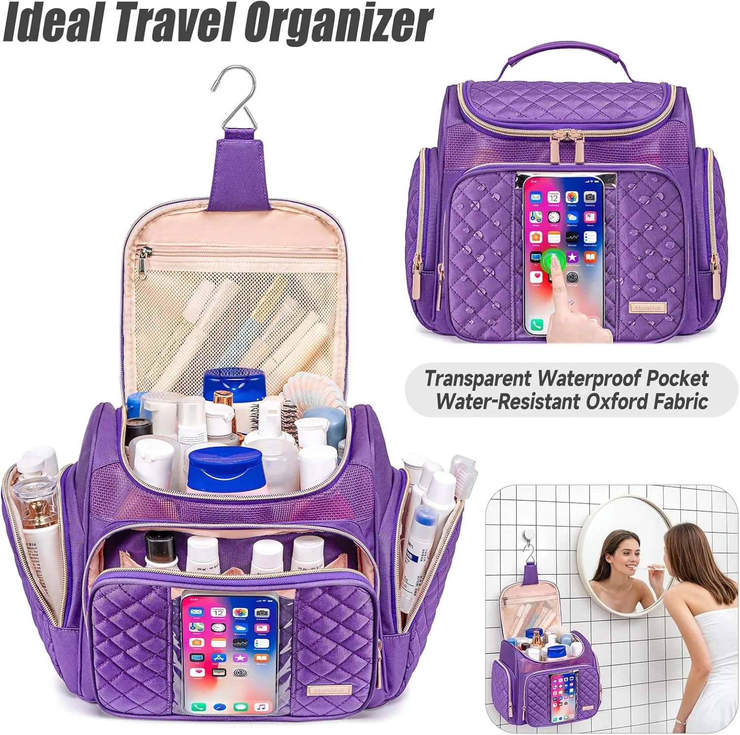Large Toiletry Bag for Women Men,Bathroom Bag,Water Resistant Makeup Bag,Portable Shower Caddy for College Dorm,Hanging Toiletry Bags for Traveling,Shower Bag with Transparent Waterproof Phone Pocket