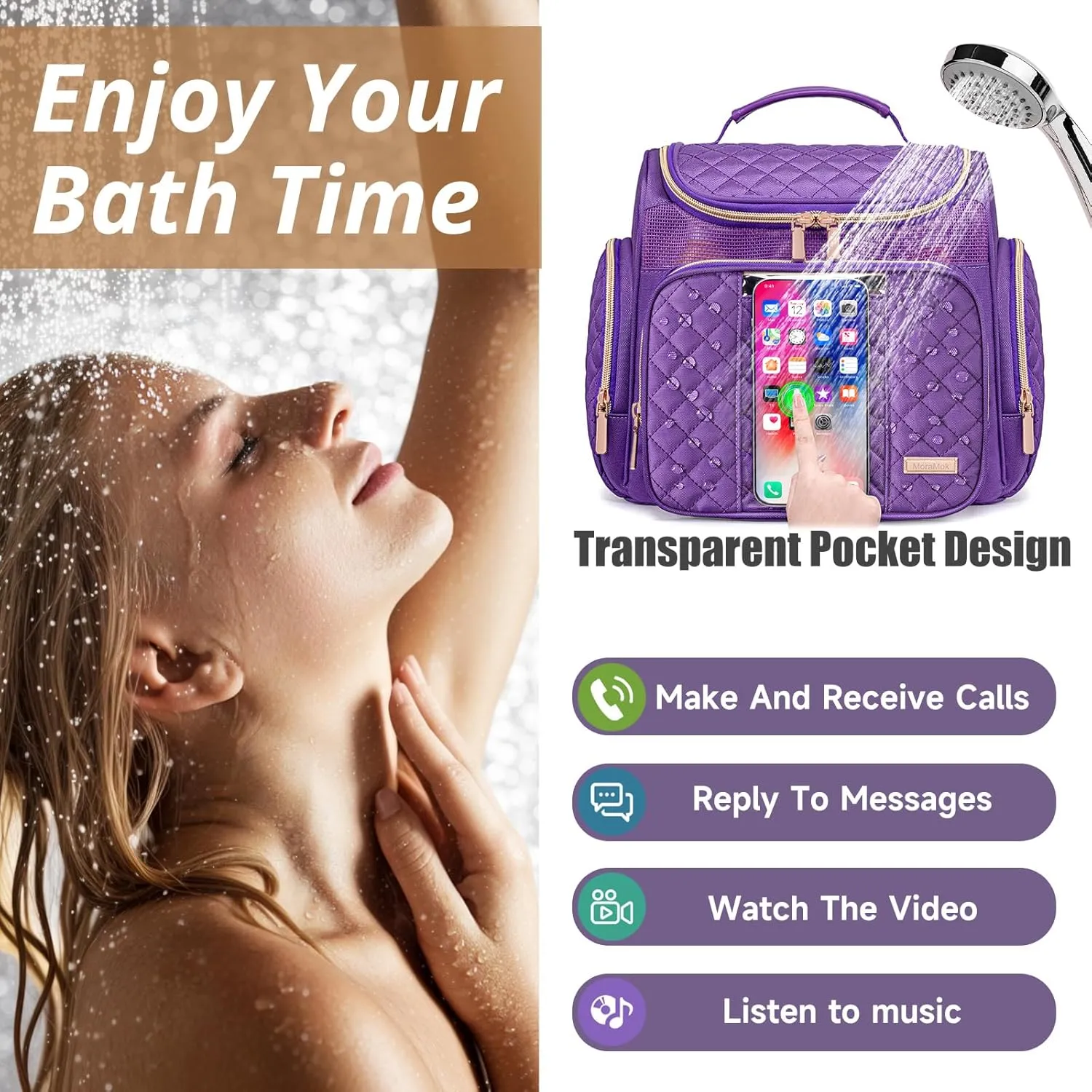 Large Toiletry Bag for Women Men,Bathroom Bag,Water Resistant Makeup Bag,Portable Shower Caddy for College Dorm,Hanging Toiletry Bags for Traveling,Shower Bag with Transparent Waterproof Phone Pocket