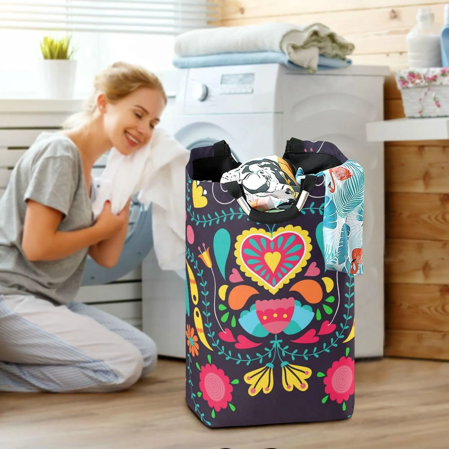 Laundry Basket Laundry Hamper Large Collapsible Bag Waterproof Clothes Basket Laundry with Handle Upright Well Dirty Holder for Clothes Toys in Bedroom Dorm Nursery Floral Boho
