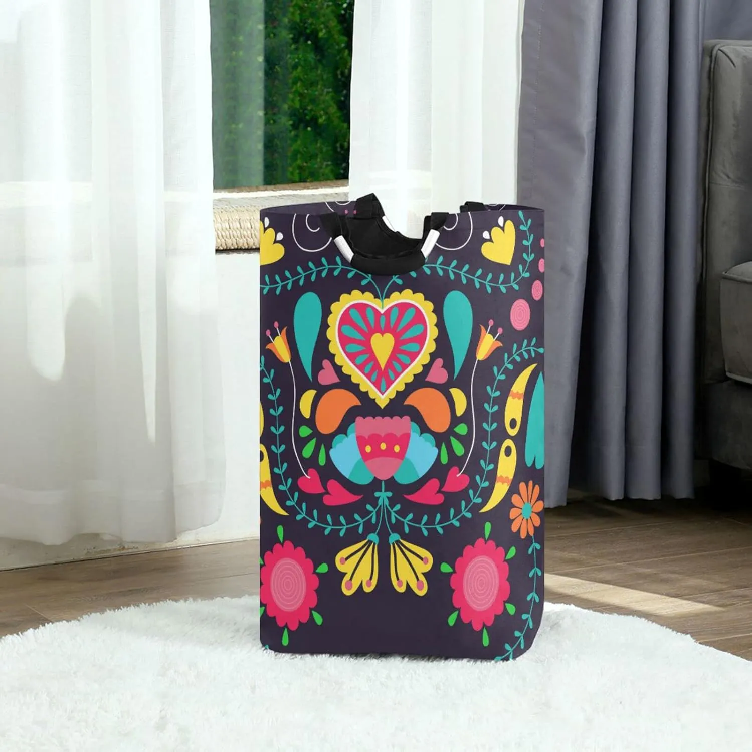 Laundry Basket Laundry Hamper Large Collapsible Bag Waterproof Clothes Basket Laundry with Handle Upright Well Dirty Holder for Clothes Toys in Bedroom Dorm Nursery Floral Boho