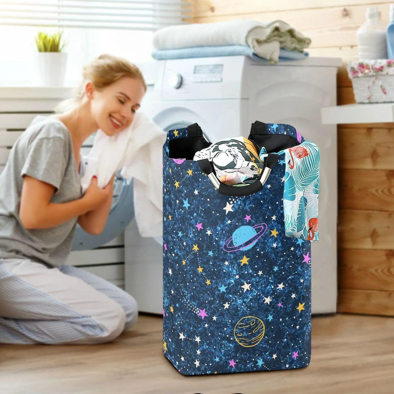 Laundry Basket Laundry Hamper Large Collapsible Bag Waterproof Clothes Basket Laundry with Handle Upright Well Dirty Holder for Clothes Toys in Bedroom Dorm Nursery Star