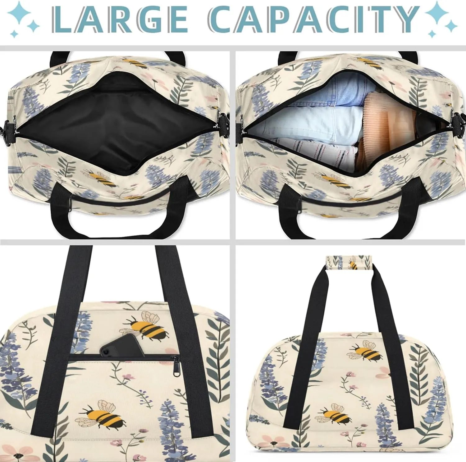 Lavender Flower Bee Floral Small Gym Bag 18 inch Carry On Duffel Bag for Weekender Travel Sports Workout Yoga Gymnastics Dance Ballet