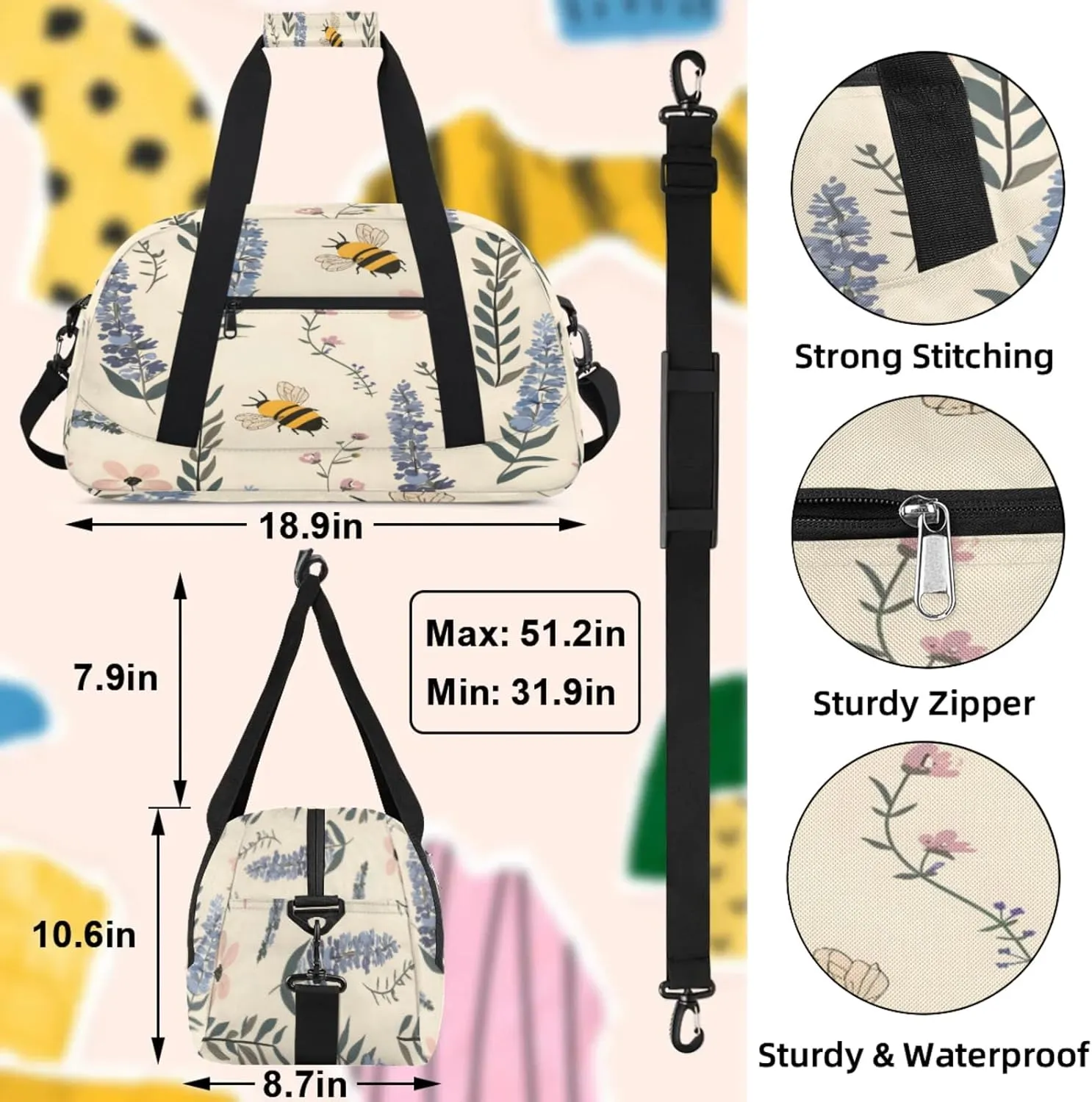 Lavender Flower Bee Floral Small Gym Bag 18 inch Carry On Duffel Bag for Weekender Travel Sports Workout Yoga Gymnastics Dance Ballet