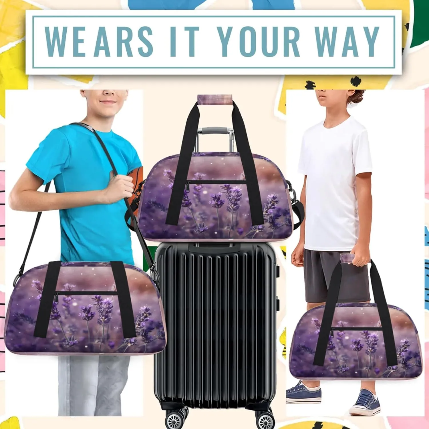 Lavender Flower Small Gym Bag 18 inch Carry On Duffel Bag for Weekender Travel Sports Workout Yoga Gymnastics Dance Ballet