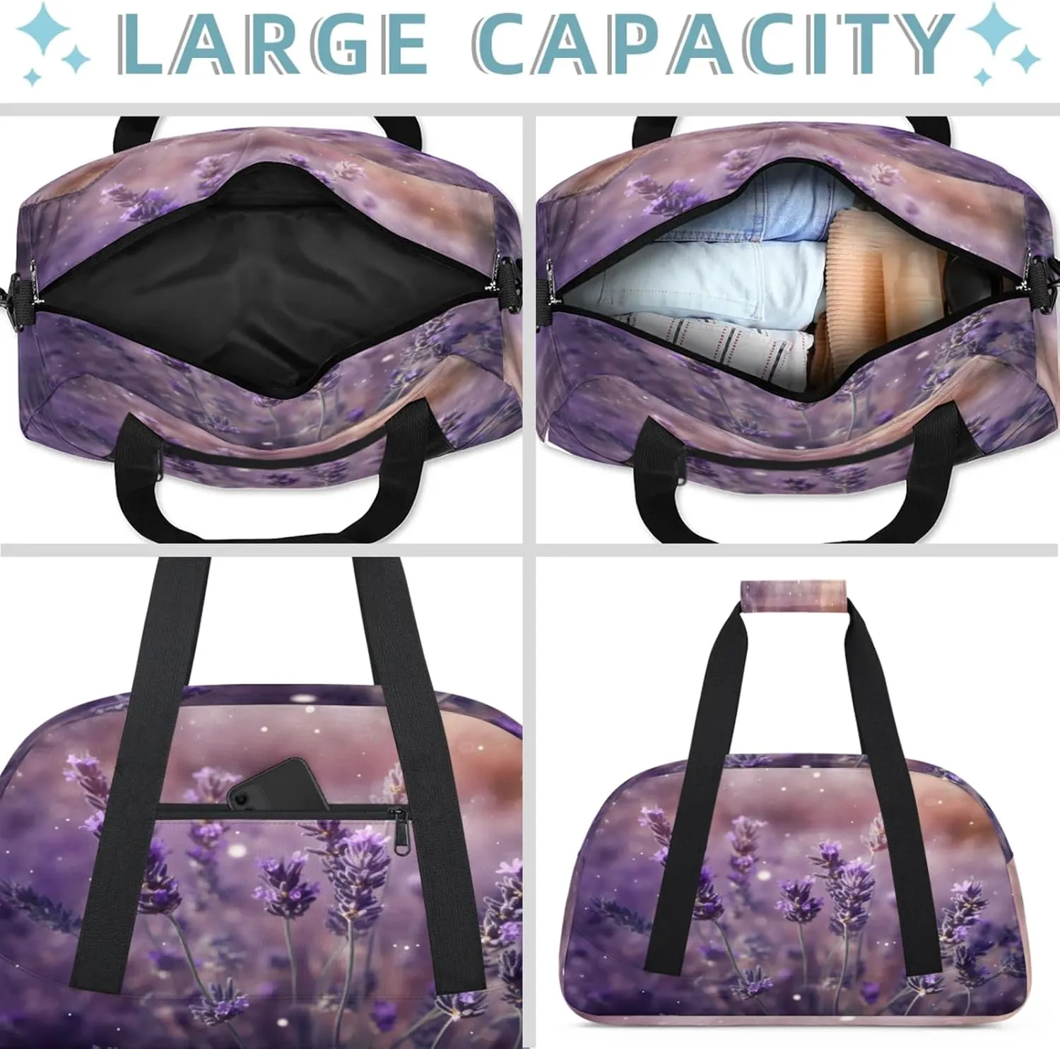 Lavender Flower Small Gym Bag 18 inch Carry On Duffel Bag for Weekender Travel Sports Workout Yoga Gymnastics Dance Ballet