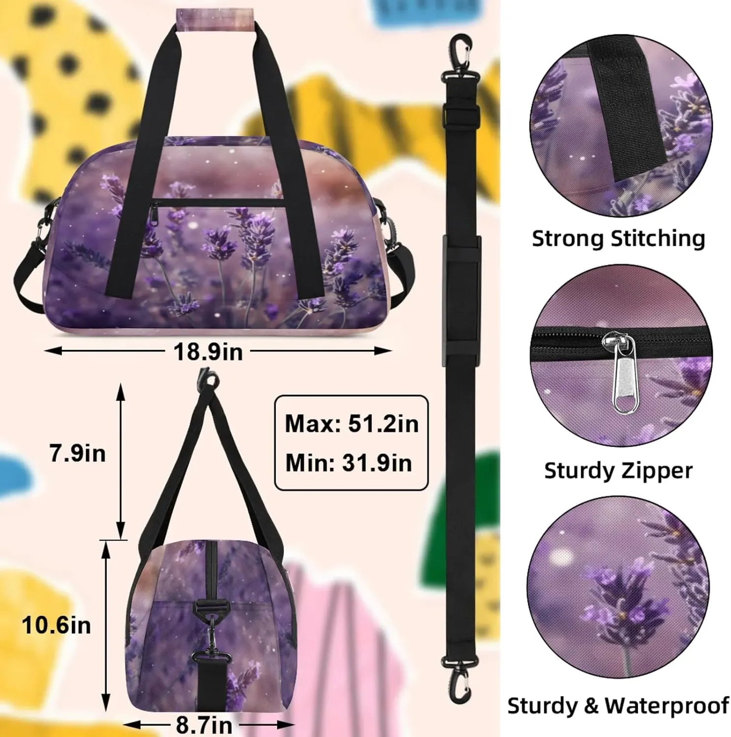 Lavender Flower Small Gym Bag 18 inch Carry On Duffel Bag for Weekender Travel Sports Workout Yoga Gymnastics Dance Ballet