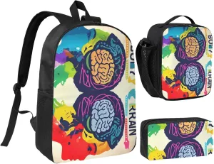 Left and Right Brain Advantage print 3 Piece Backpack Bags with Lunch Box Pencil Case Set for Travel Work Camping Unisex