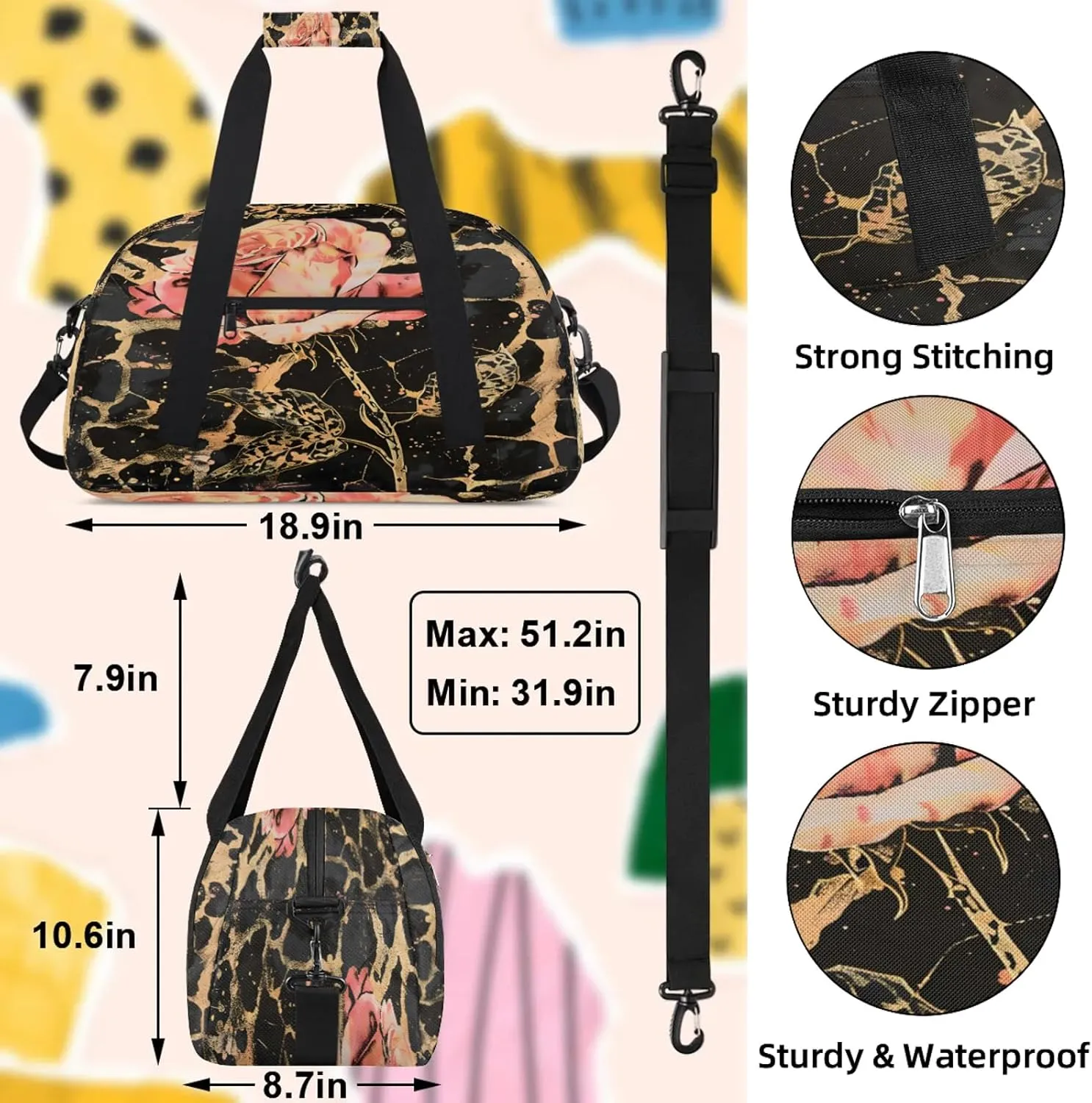 Leopard Print Rose Flower Small Gym Bag 18 inch Carry On Duffel Bag for Weekender Travel Sports Workout Yoga Gymnastics Dance Ballet