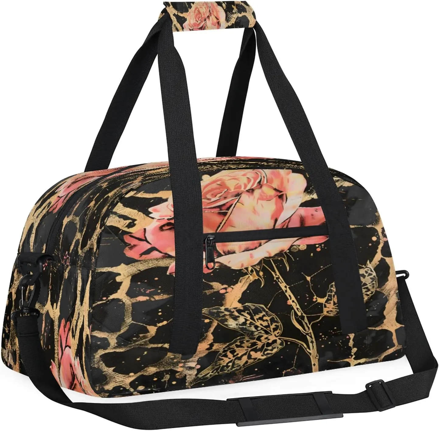 Leopard Print Rose Flower Small Gym Bag 18 inch Carry On Duffel Bag for Weekender Travel Sports Workout Yoga Gymnastics Dance Ballet