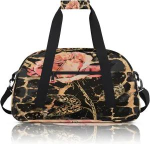 Leopard Print Rose Flower Small Gym Bag 18 inch Carry On Duffel Bag for Weekender Travel Sports Workout Yoga Gymnastics Dance Ballet