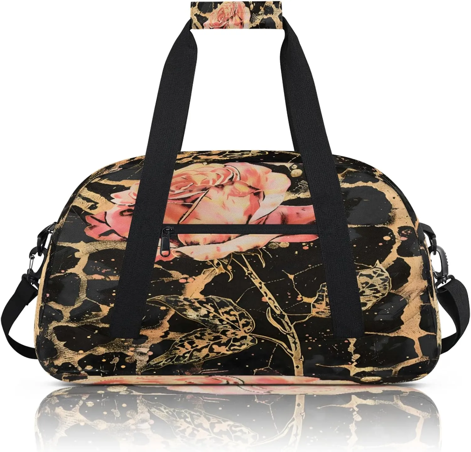 Leopard Print Rose Flower Small Gym Bag 18 inch Carry On Duffel Bag for Weekender Travel Sports Workout Yoga Gymnastics Dance Ballet