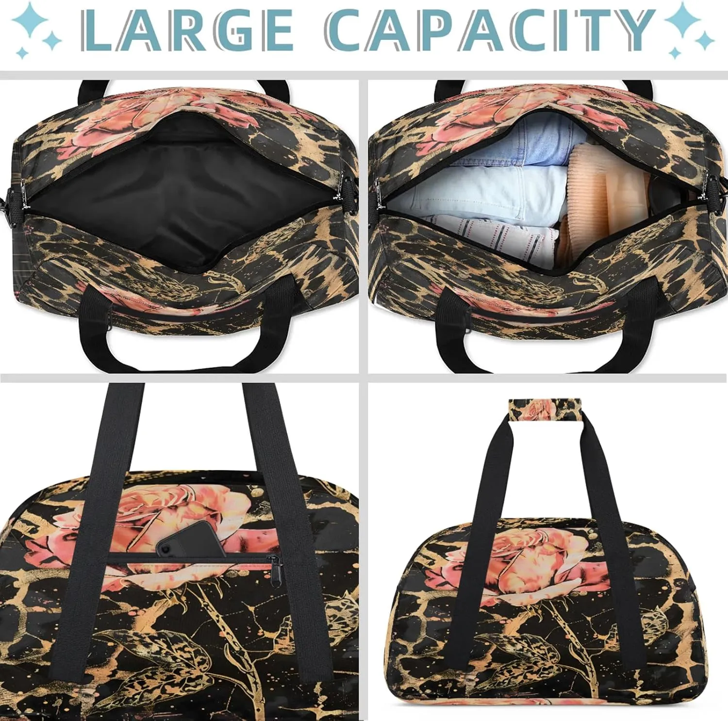 Leopard Print Rose Flower Small Gym Bag 18 inch Carry On Duffel Bag for Weekender Travel Sports Workout Yoga Gymnastics Dance Ballet